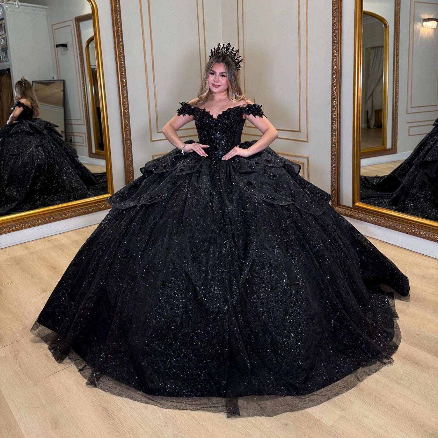 Off Shoulder Sleeveless Ruffles Bow Knot Glitter Black Quinceañera Dress YQ1071