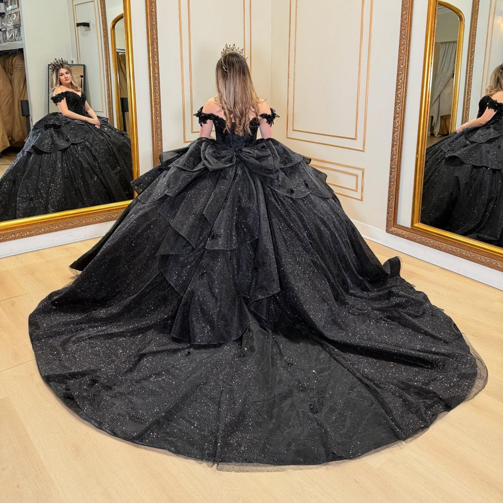 Off Shoulder Sleeveless Ruffles Bow Knot Glitter Black Quinceañera Dress YQ1071