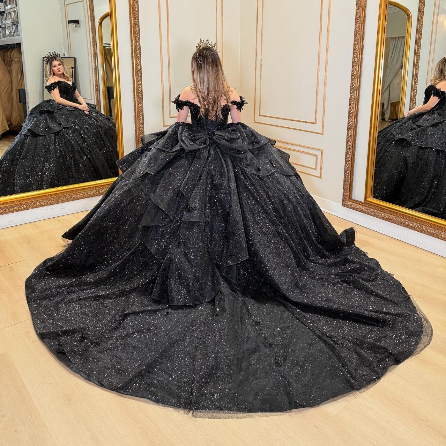 Off Shoulder Sleeveless Ruffles Bow Knot Glitter Black Quinceañera Dress YQ1071