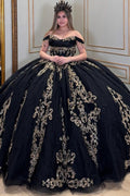 Vestido de Quinceañera Azul Marino con Lentejuelas, Apliques de Cuentas, Brillos y Escote Bardot YQ1055