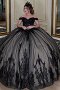 Off Shoulder Sleeveless Sequins Appliques Bow Knot Black Sweet 15 Quinceañera Dress YQ1073