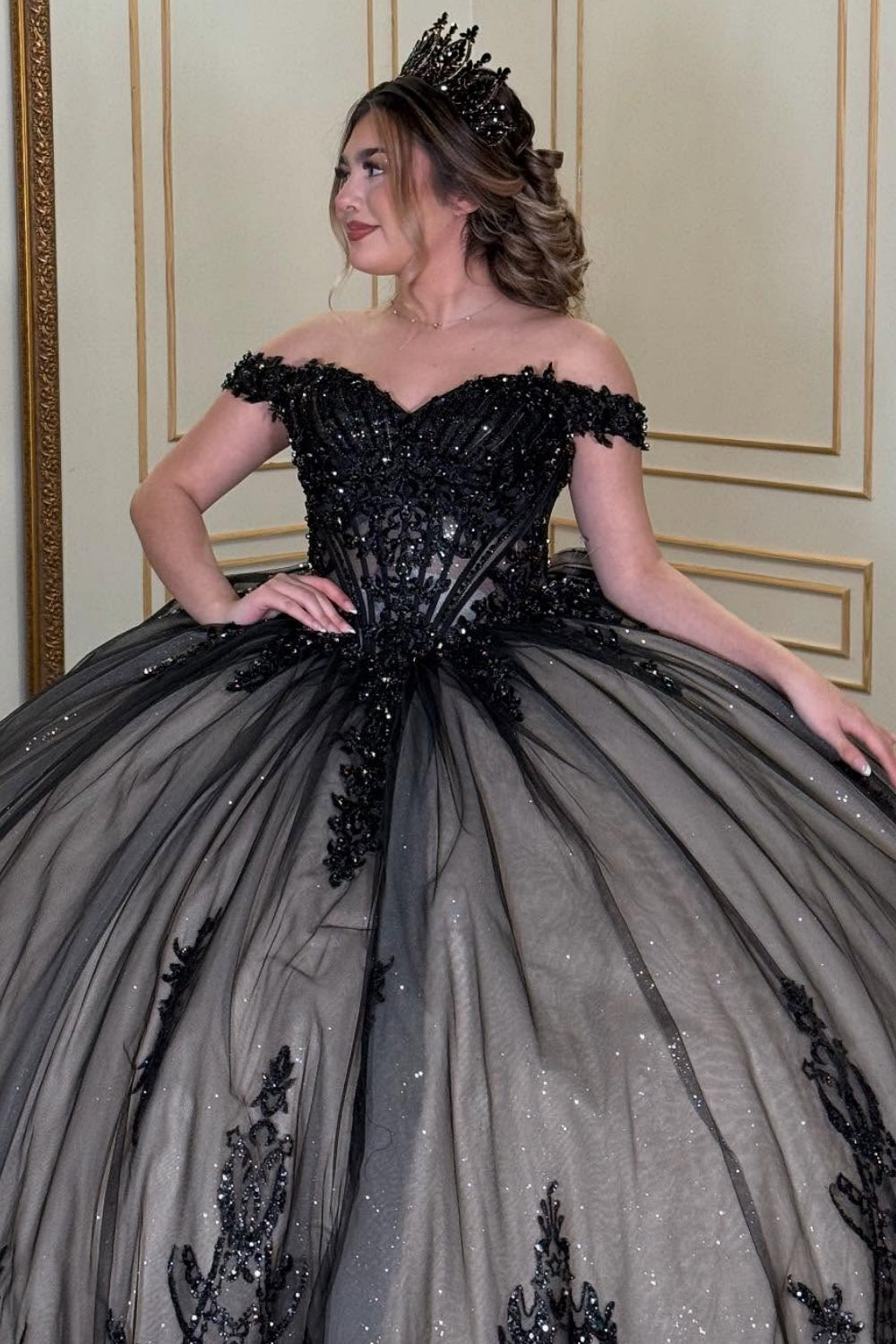 Off Shoulder Sleeveless Sequins Appliques Bow Knot Black Sweet 15 Quinceañera Dress YQ1073