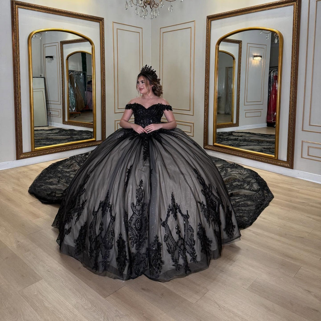 Off Shoulder Sleeveless Sequins Appliques Bow Knot Black Sweet 15 Quinceañera Dress YQ1073