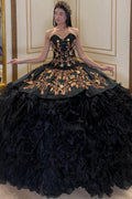 Sweetheart Sleeveless Pleated Gold Appliques Ruffles Tiered Black Sweet 15 Quinceañera Dress YQ1075