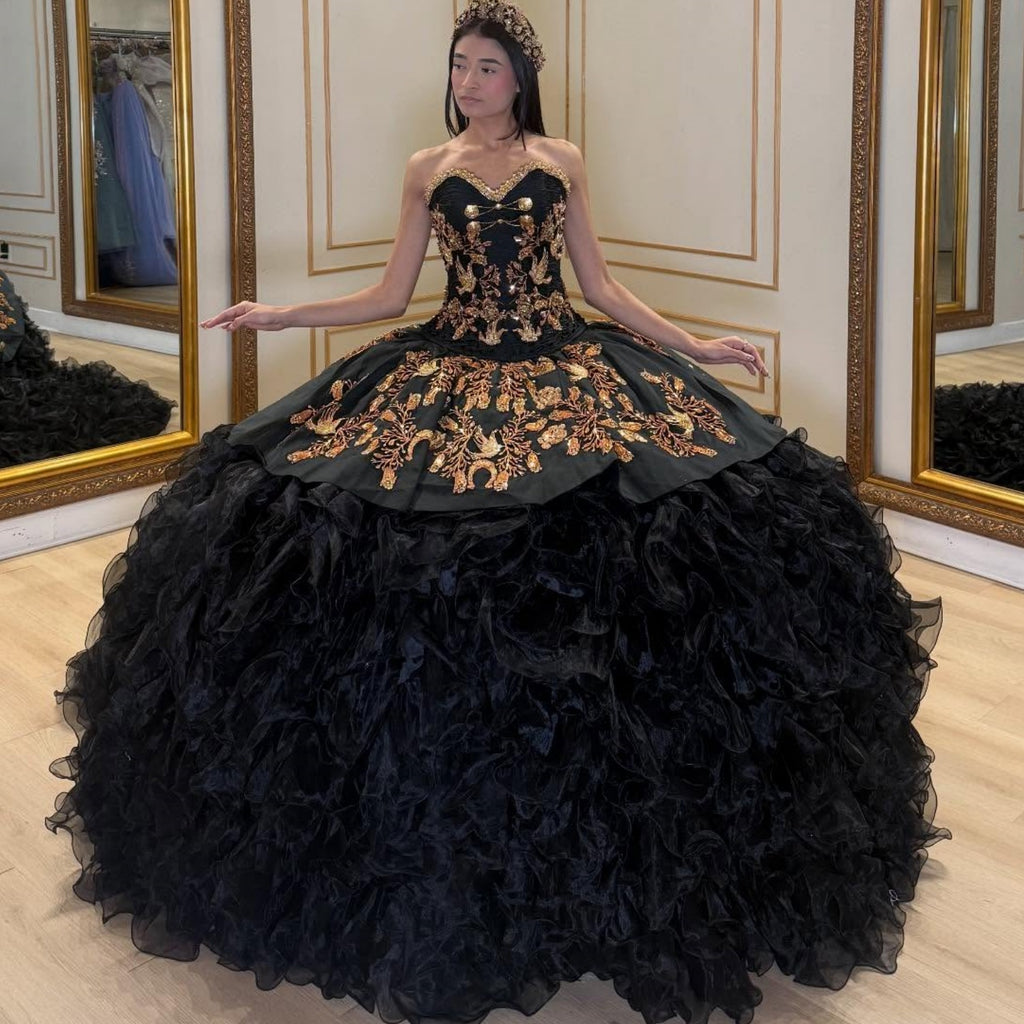 Sweetheart Sleeveless Pleated Gold Appliques Ruffles Tiered Black Sweet 15 Quinceañera Dress YQ1075