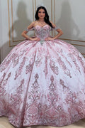 Off Shoulder Sleeveless Beaded Bow Knot Pink Glitter Quinceañera Dress YQ1076