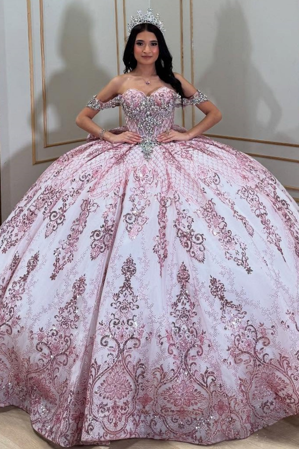Off Shoulder Sleeveless Beaded Bow Knot Pink Glitter Quinceañera Dress YQ1076