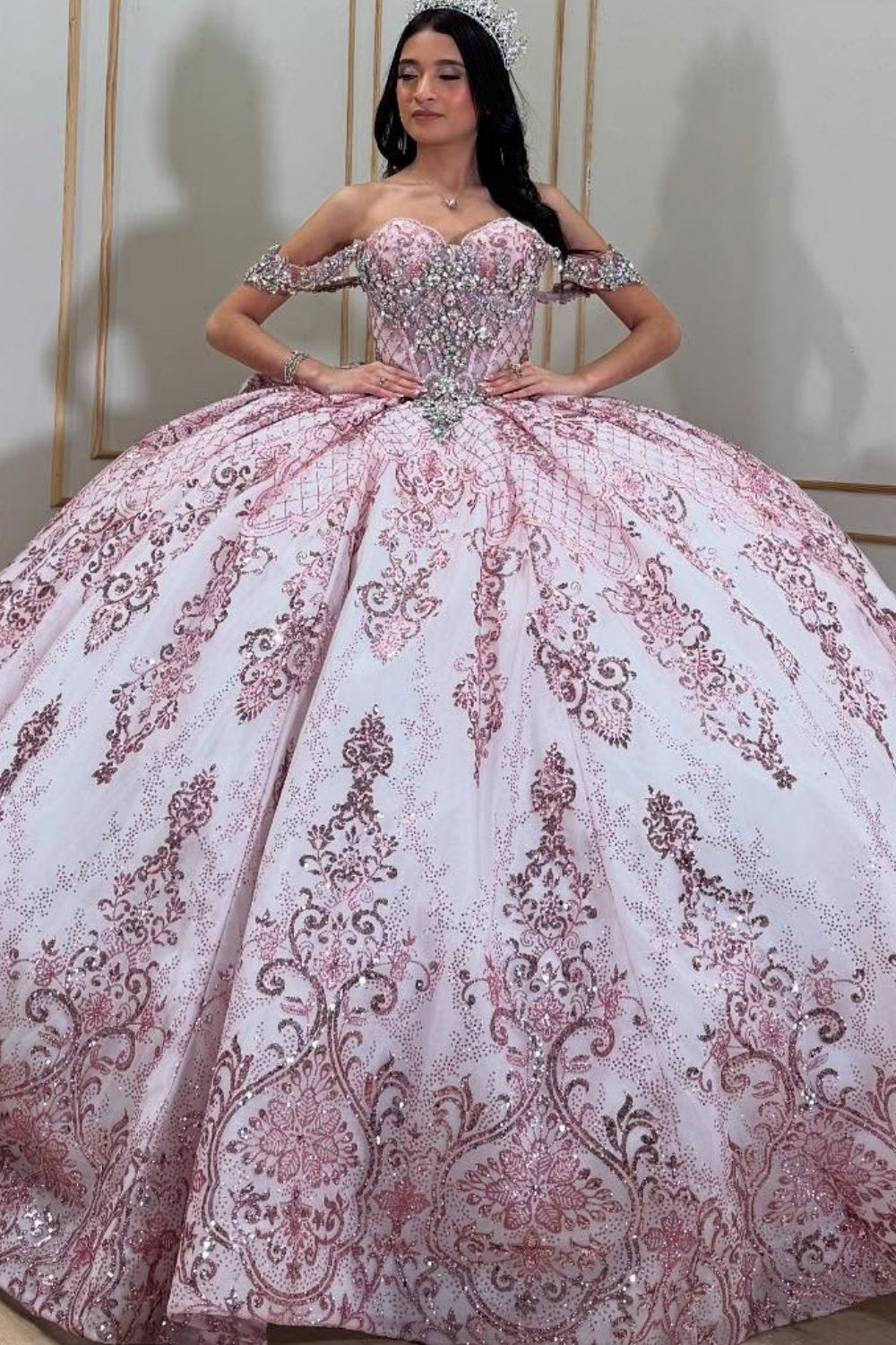 Off Shoulder Sleeveless Beaded Bow Knot Pink Glitter Quinceañera Dress – YMFFW