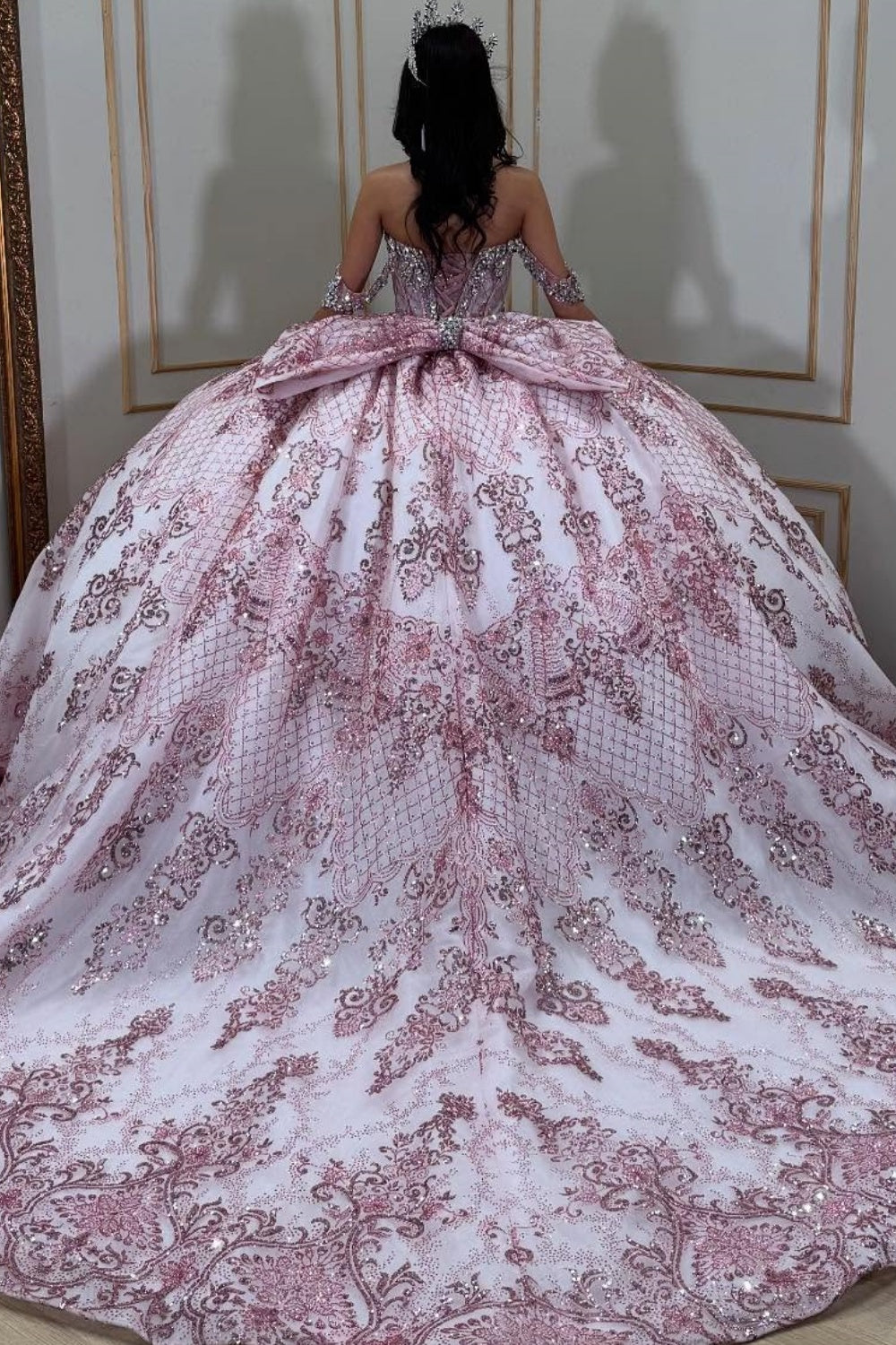 Off Shoulder Sleeveless Beaded Bow Knot Pink Glitter Quinceañera Dress YQ1076