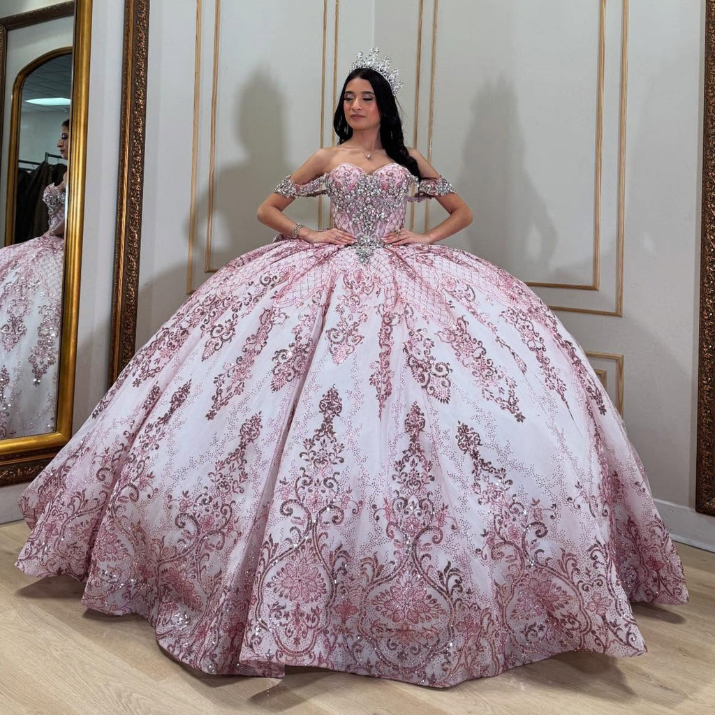 Off Shoulder Sleeveless Beaded Bow Knot Pink Glitter Quinceañera Dress YQ1076
