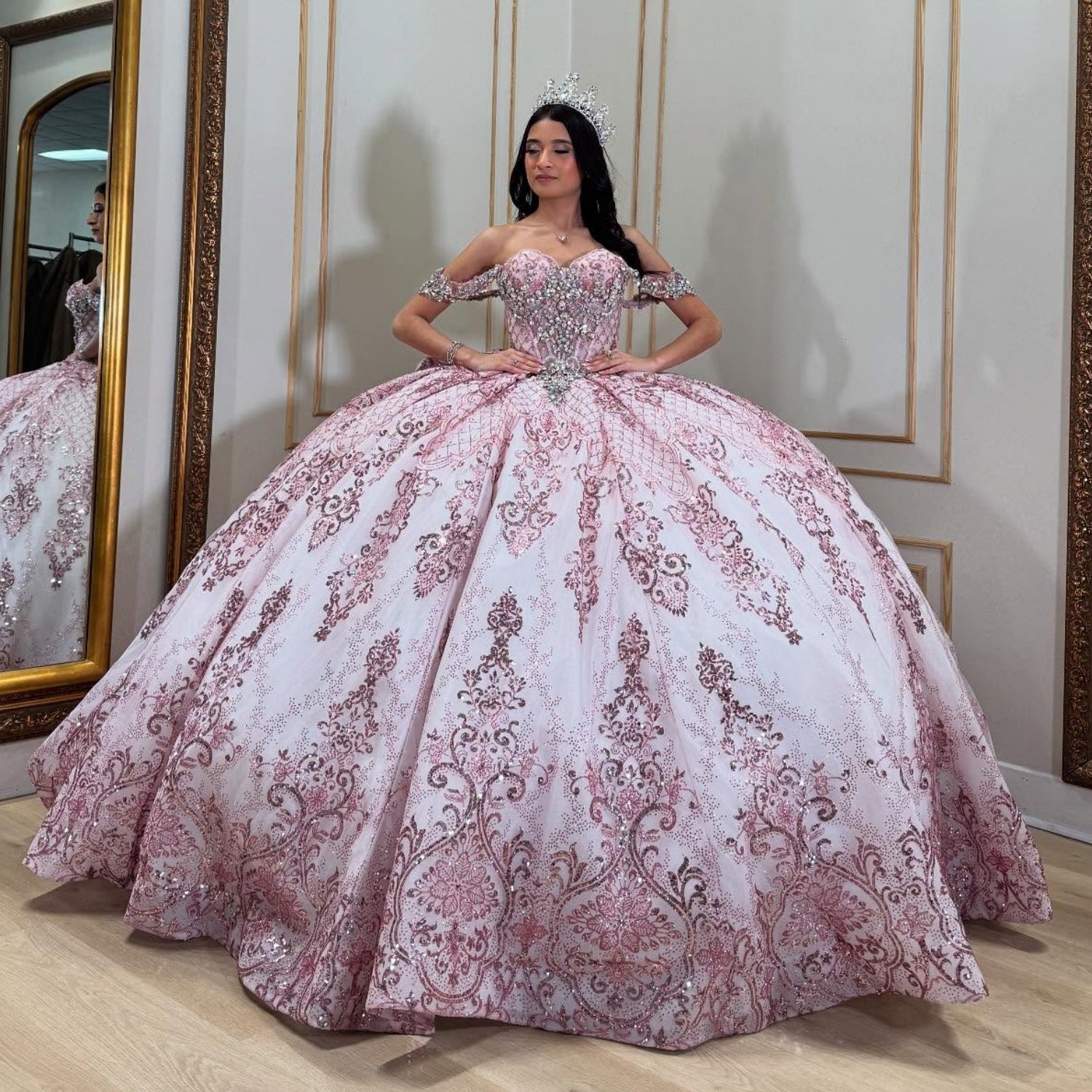 Off Shoulder Sleeveless Beaded Bow Knot Pink Glitter Quinceañera Dress YQ1076