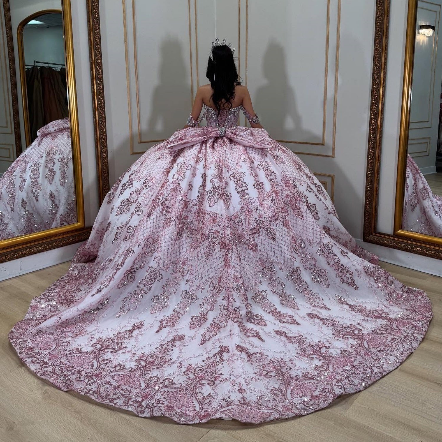Off Shoulder Sleeveless Beaded Bow Knot Pink Glitter Quinceañera Dress YQ1076