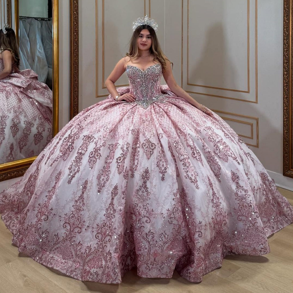 Sweetheat Sleeveless Beaded Bow Knot Pink Glitter Quinceañera Dress YQ1078