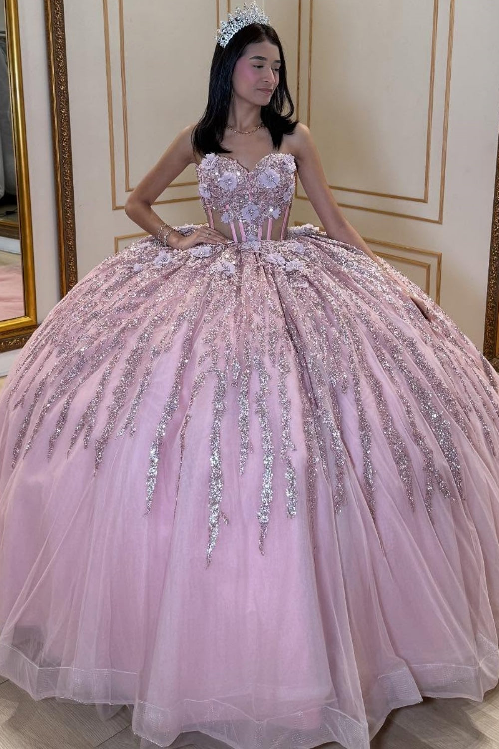 Vestido de Quinceañera Azul Marino con Lentejuelas, Apliques de Cuentas, Brillos y Escote Bardot YQ1055