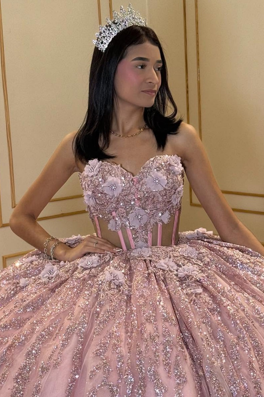 Sweetheart Sleeveless 3D FLower Glitter Appliques Pink Sweet 15 Quinceañera Dress YQ1079