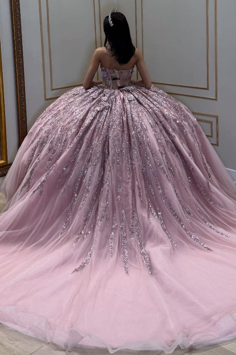 Sweetheart Sleeveless 3D FLower Glitter Appliques Pink Sweet 15 Quinceañera Dress YQ1079