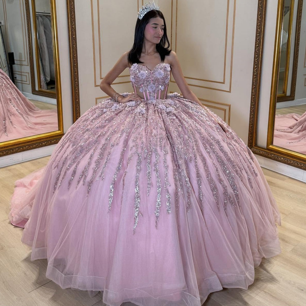 Sweetheart Sleeveless 3D FLower Glitter Appliques Pink Sweet 15 Quinceañera Dress YQ1079