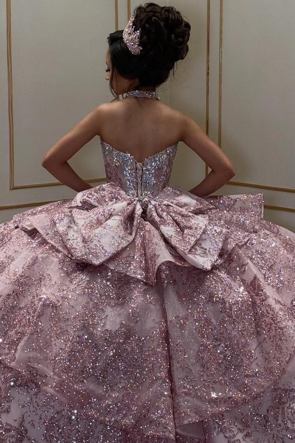 Sweetheart Sleeveless Beaded Bow Knot Pink Glitter Quinceañera Dress YQ1080