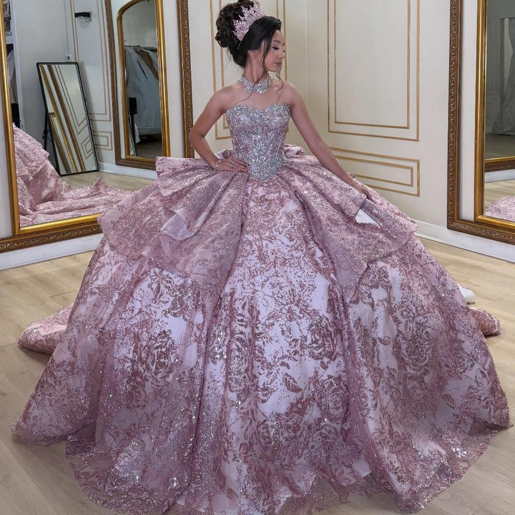 Sweetheart Sleeveless Beaded Bow Knot Pink Glitter Quinceañera Dress YQ1080