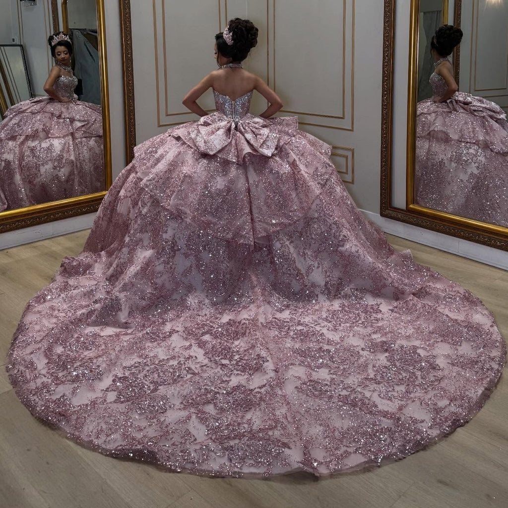 Sweetheart Sleeveless Beaded Bow Knot Pink Glitter Quinceañera Dress YQ1080