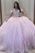 Off Shoulder Sleeveless Sequins Appliques Tiered Bow Knot Pink Quinceañera Dress YQ1082