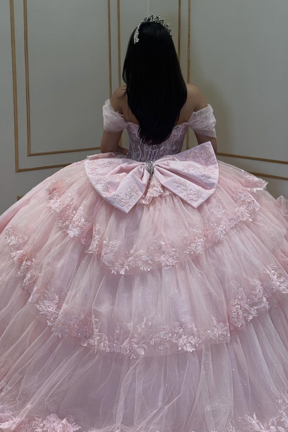 Off Shoulder Sleeveless Sequins Appliques Tiered Bow Knot Pink Quinceañera Dress YQ1082