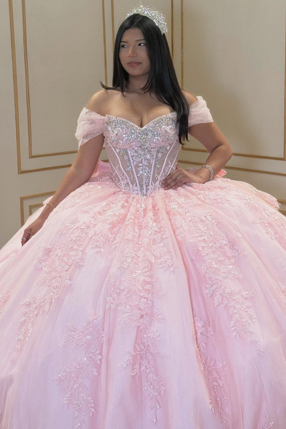 Off Shoulder Sleeveless Sequins Appliques Tiered Bow Knot Pink Quinceañera Dress YQ1082