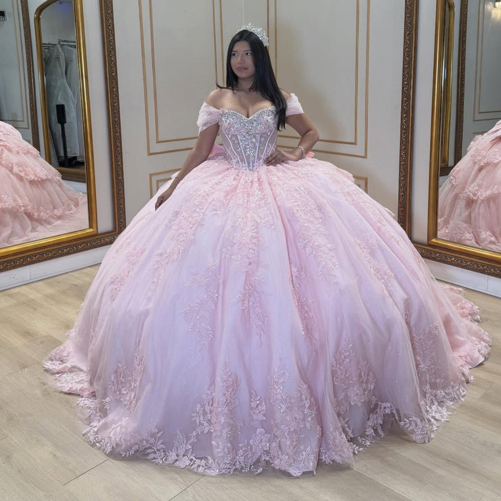 Off Shoulder Sleeveless Sequins Appliques Tiered Bow Knot Pink Quinceañera Dress YQ1082