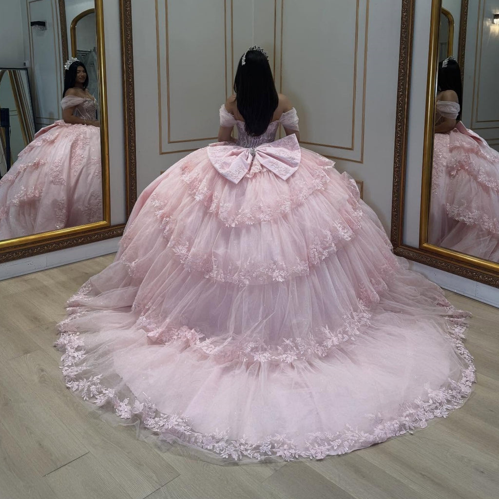 Off Shoulder Sleeveless Sequins Appliques Tiered Bow Knot Pink Quinceañera Dress YQ1082