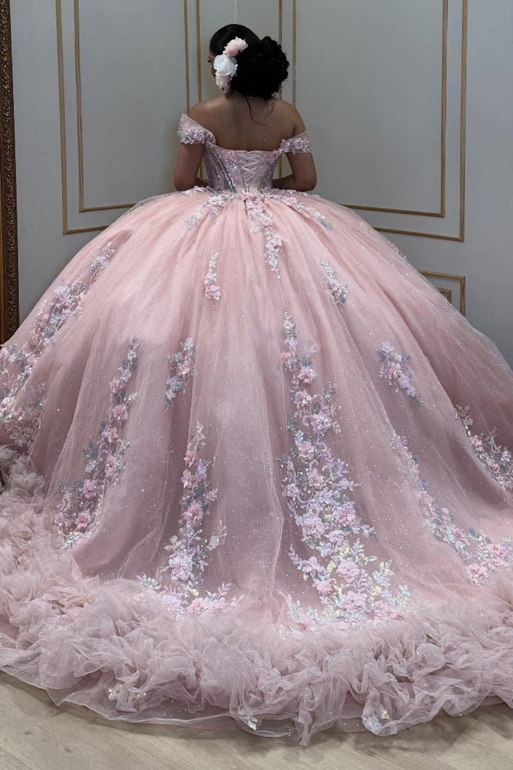 Off Shoulder Sleeveless Sequins Beaded 3D Flower Appliques Pink Quinceañera Dress YQ1083