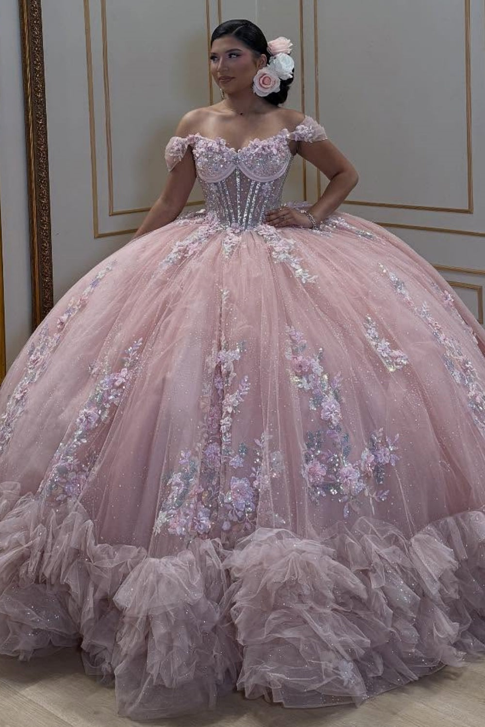 Off Shoulder Sleeveless Sequins Beaded 3D Flower Appliques Pink Quinceañera Dress YQ1083