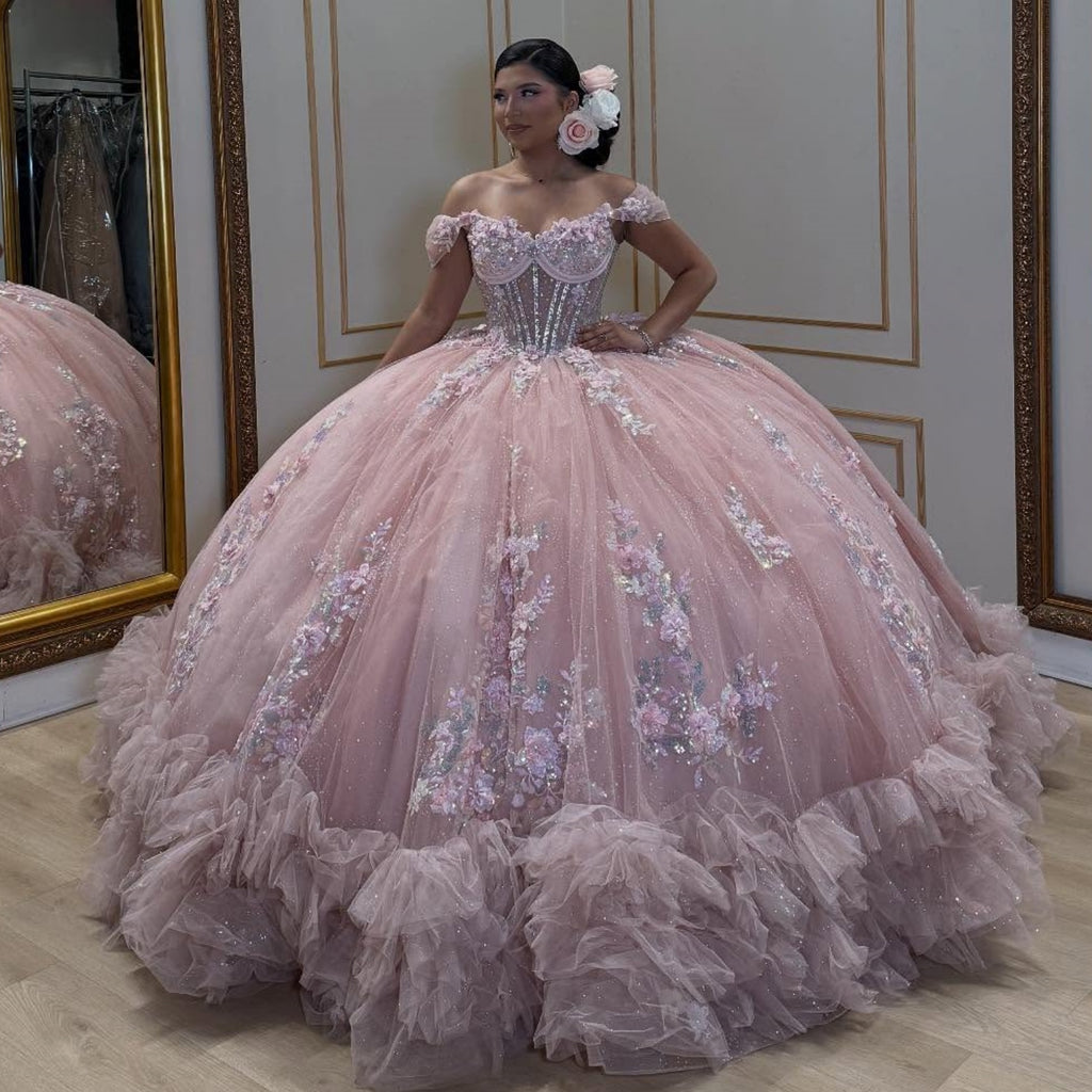 Off Shoulder Sleeveless Sequins Beaded 3D Flower Appliques Pink Quinceañera Dress YQ1083