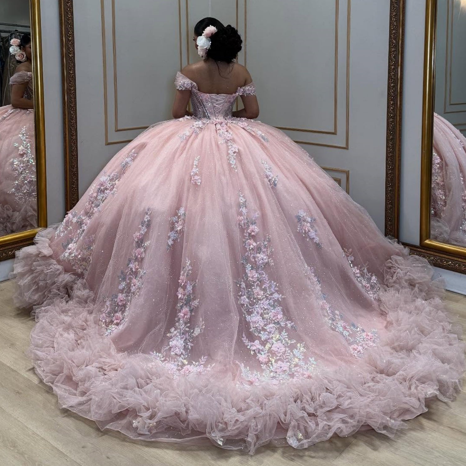 Off Shoulder Sleeveless Sequins Beaded 3D Flower Appliques Pink Quinceañera Dress YQ1083