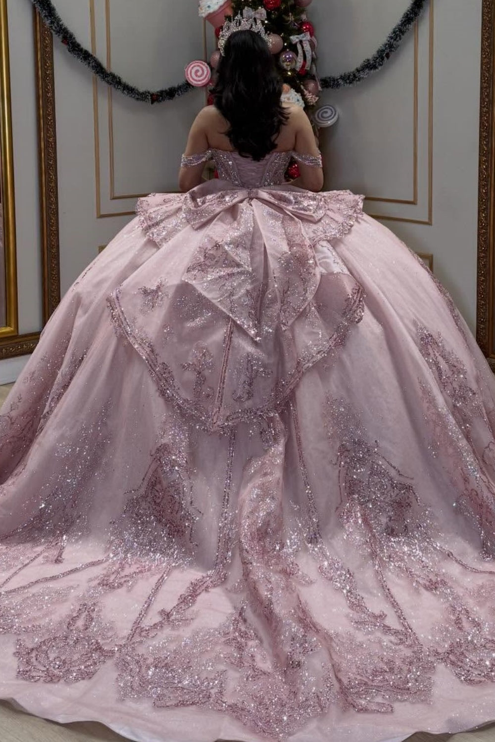 Off Shoulder Sleeveless Beaded Appliques Ruffles Bow Knot Pink Quinceañera Dress YQ1084