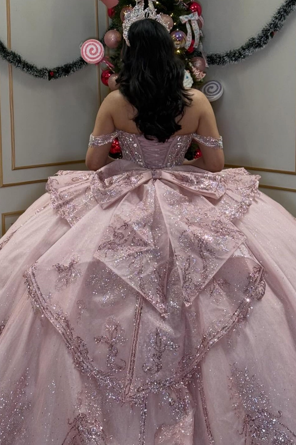 Off Shoulder Sleeveless Beaded Appliques Ruffles Bow Knot Pink Quinceañera Dress YQ1084