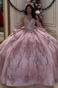 Off Shoulder Sleeveless Beaded Appliques Ruffles Bow Knot Pink Quinceañera Dress YQ1084