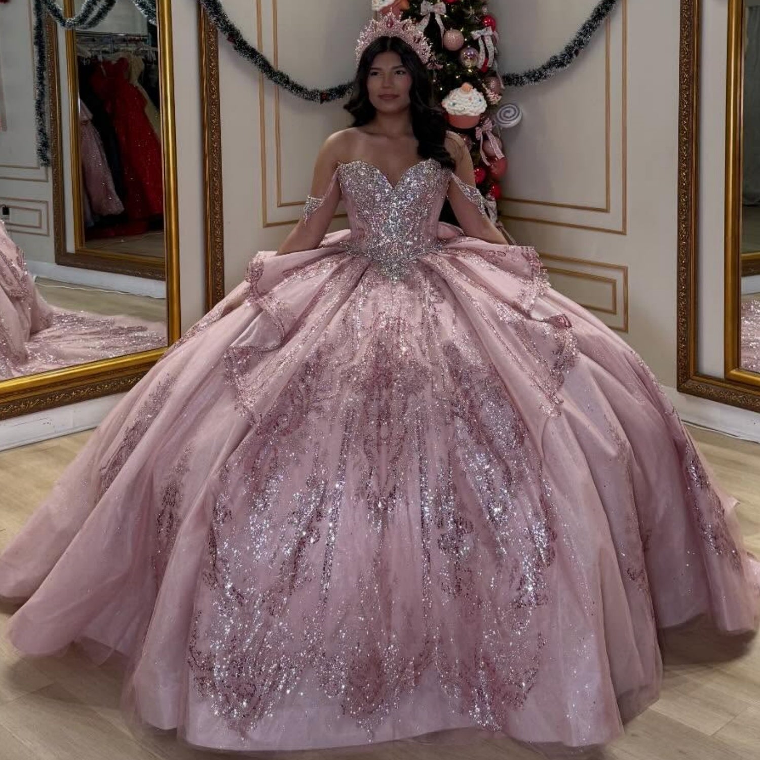Vestido de Quinceañera Azul Marino con Lentejuelas, Apliques de Cuentas, Brillos y Escote Bardot YQ1055