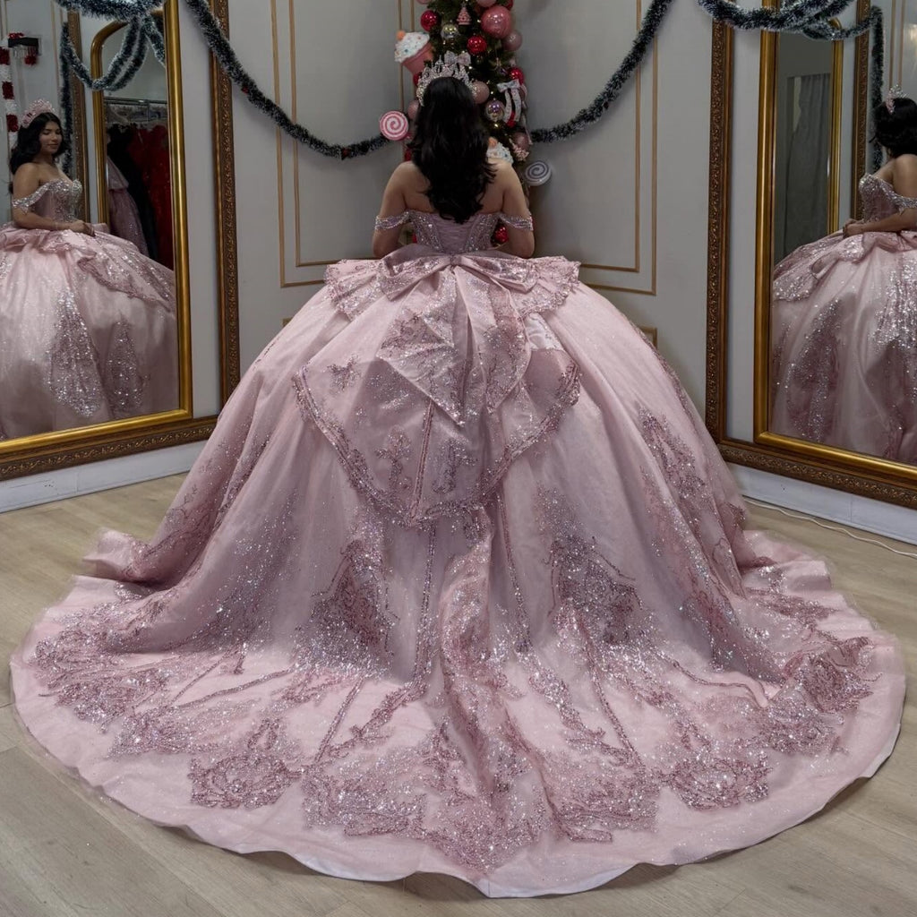 Off Shoulder Sleeveless Beaded Appliques Ruffles Bow Knot Pink Quinceañera Dress YQ1084