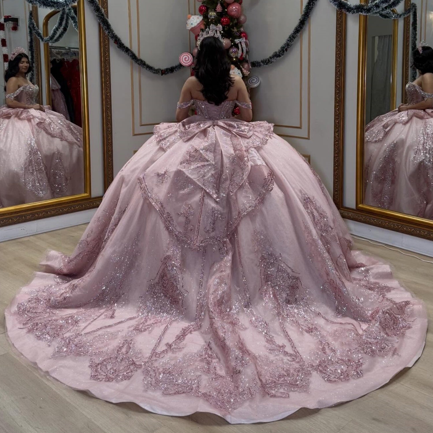 Off Shoulder Sleeveless Beaded Appliques Ruffles Bow Knot Pink Quinceañera Dress YQ1084