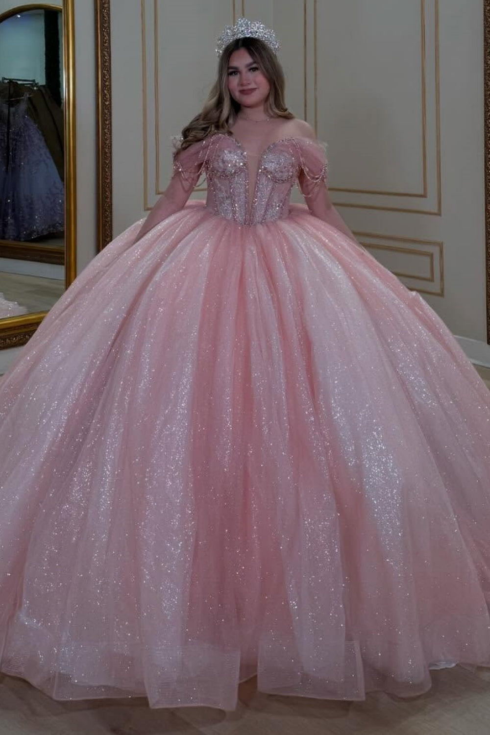 Off Shoulder Sleeveless Beaded Bow Knot Pink Glitter Quinceañera Dress YQ1085