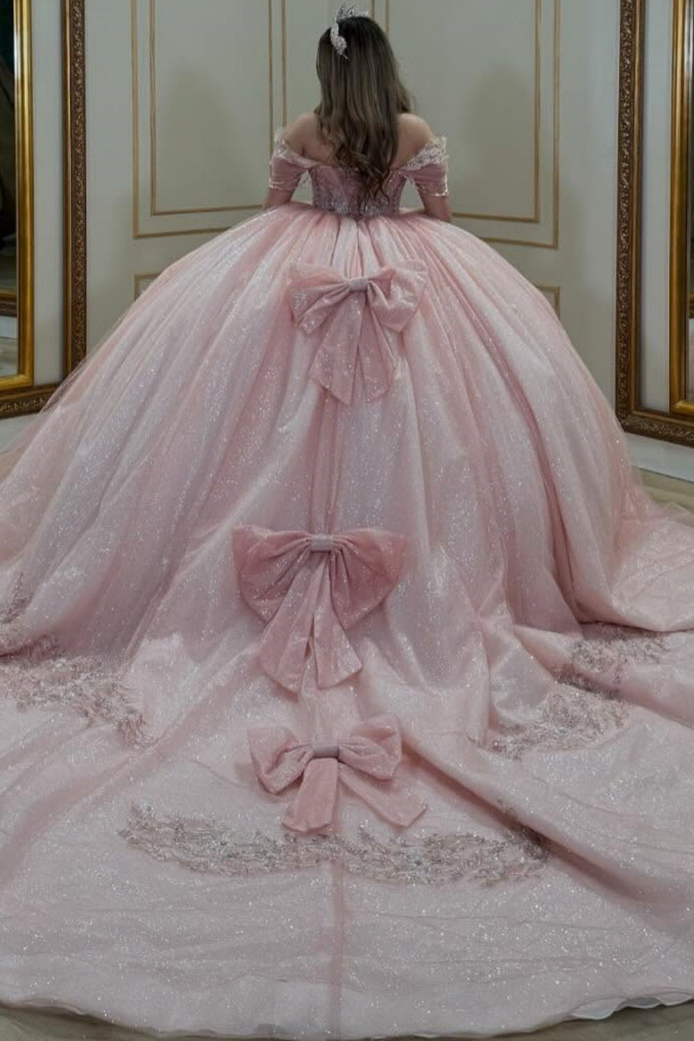 Off Shoulder Sleeveless Beaded Bow Knot Pink Glitter Quinceañera Dress YQ1085