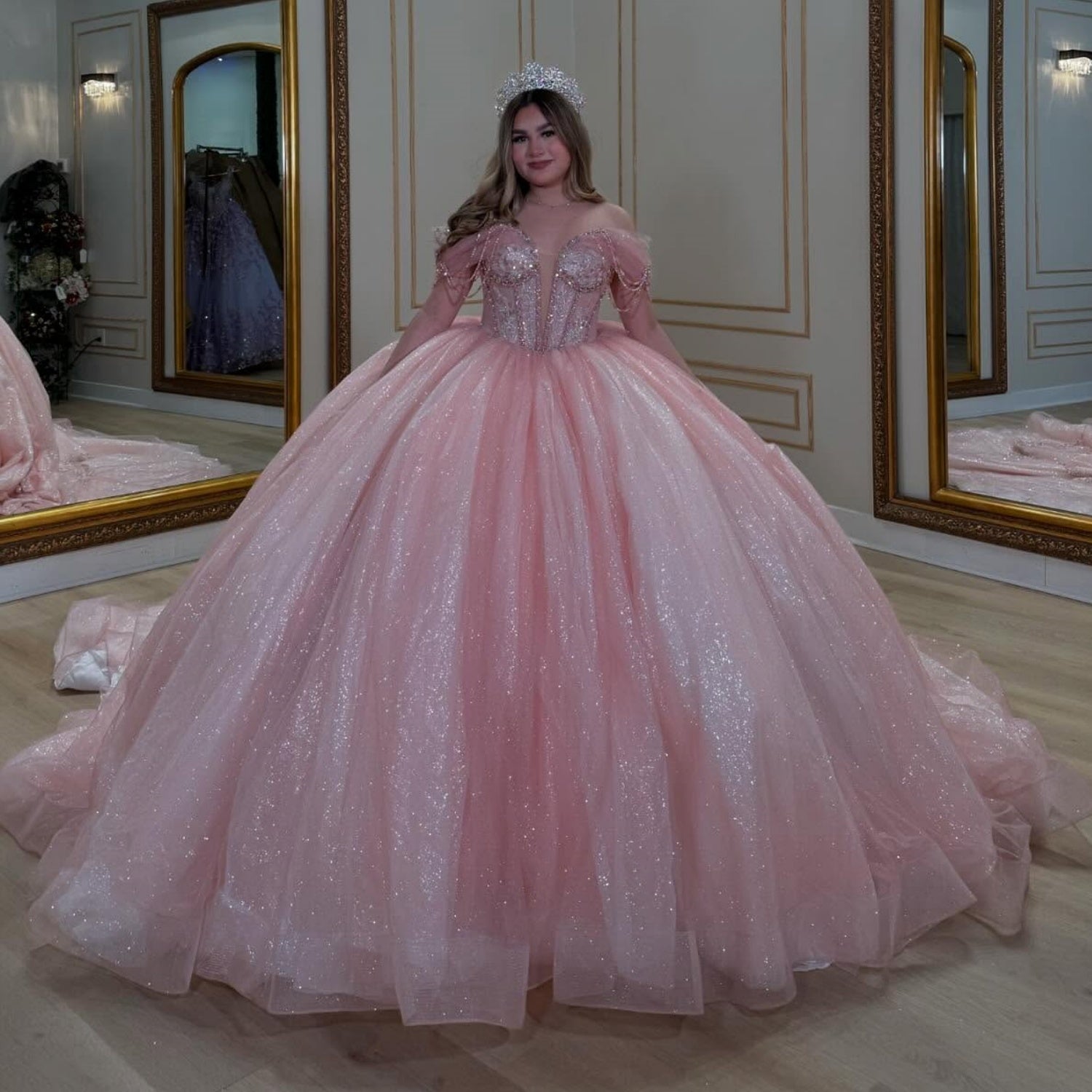 Off Shoulder Sleeveless Beaded Bow Knot Pink Glitter Quinceañera Dress YQ1085
