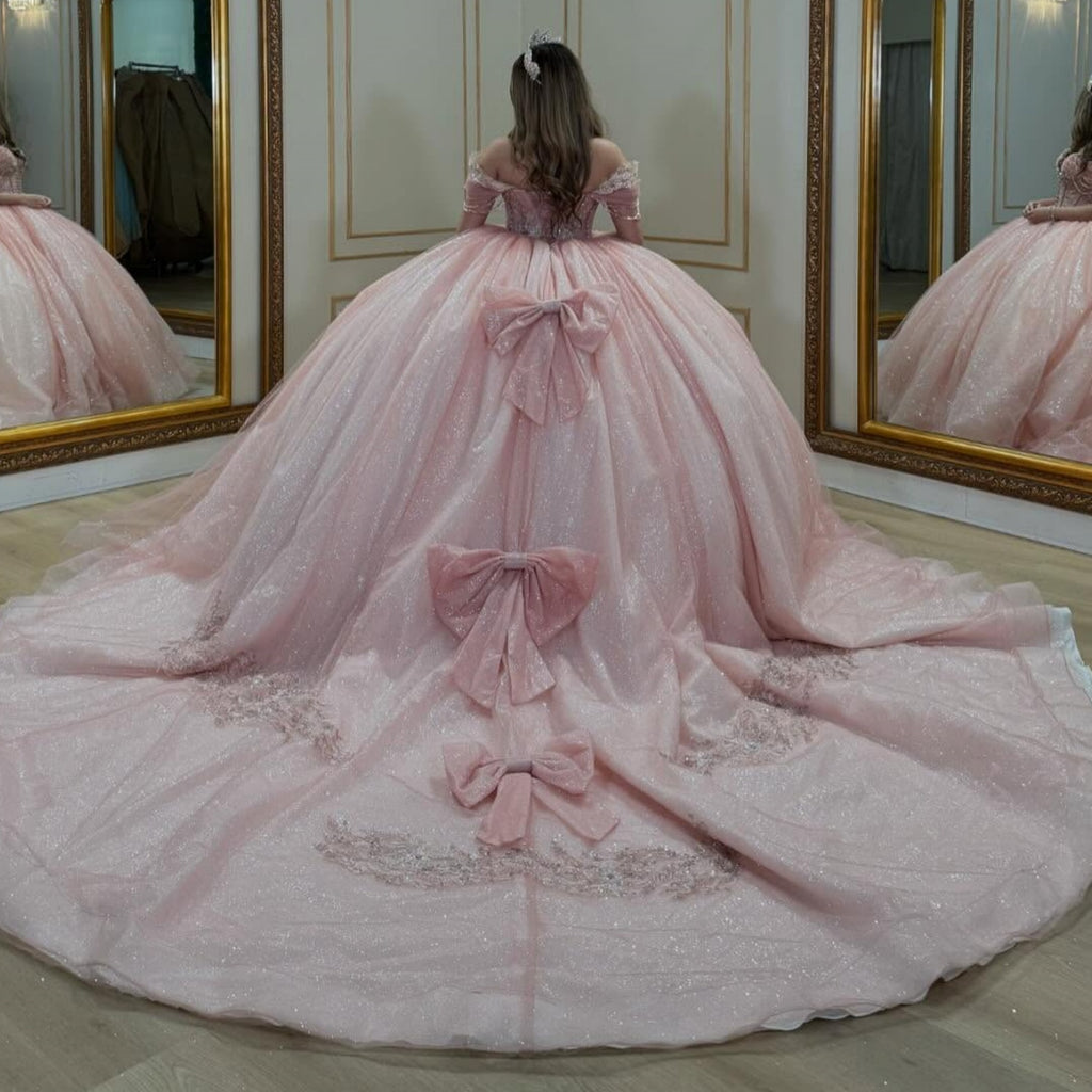 Off Shoulder Sleeveless Beaded Bow Knot Pink Glitter Quinceañera Dress YQ1085