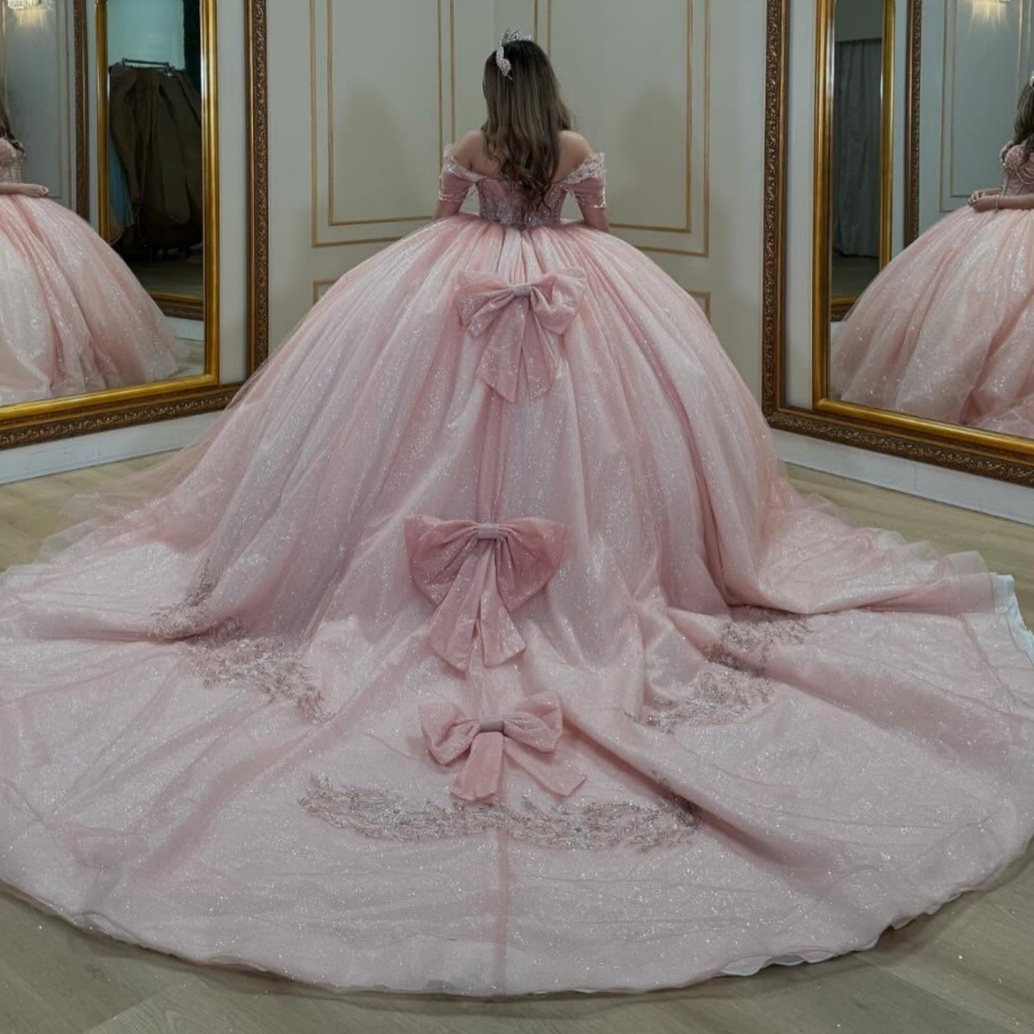 Off Shoulder Sleeveless Beaded Bow Knot Pink Glitter Quinceañera Dress YQ1085