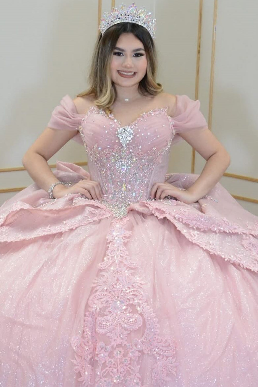 Off Shoulder Sleeveless Beaded Appliques Bow Knot Pink Quinceañera Dress YQ1086