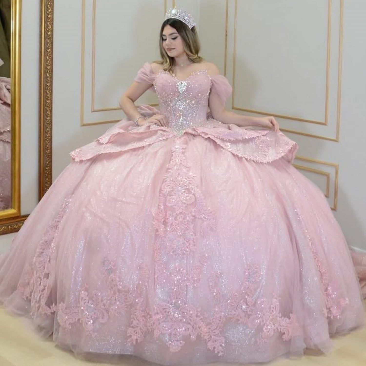 Off Shoulder Sleeveless Beaded Appliques Bow Knot Pink Quinceañera Dress YQ1086