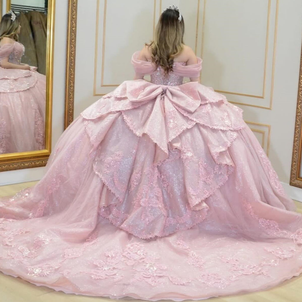 Off Shoulder Sleeveless Beaded Appliques Bow Knot Pink Quinceañera Dress YQ1086
