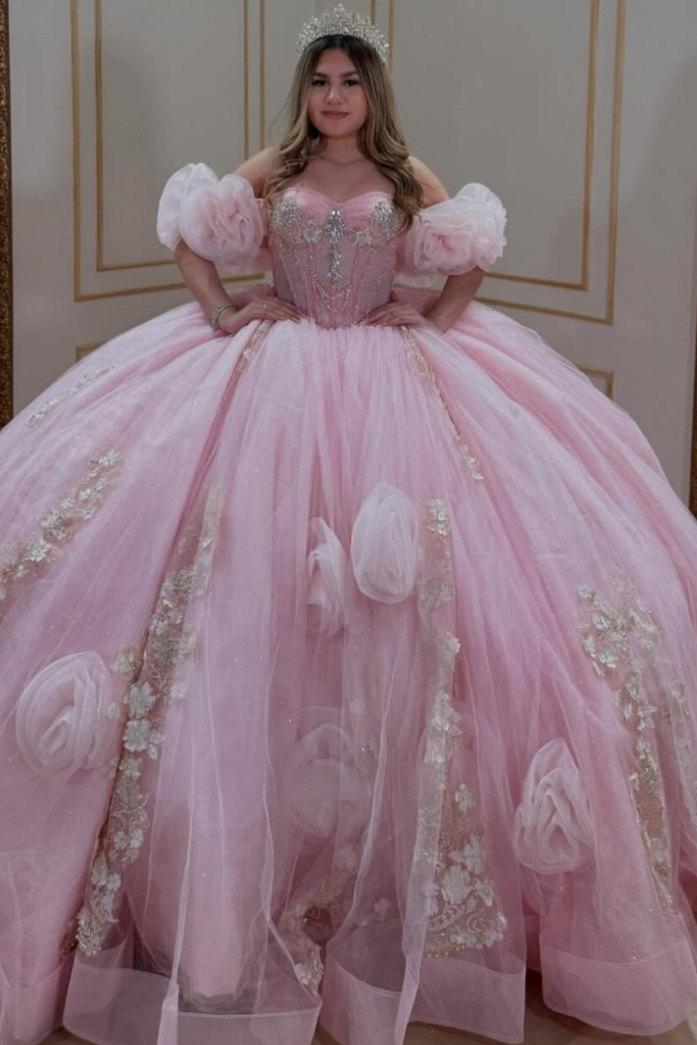 Off Shoulder Sleeveless Beaded 3D Flower Appliques Pink Quinceañera Dress YQ1087