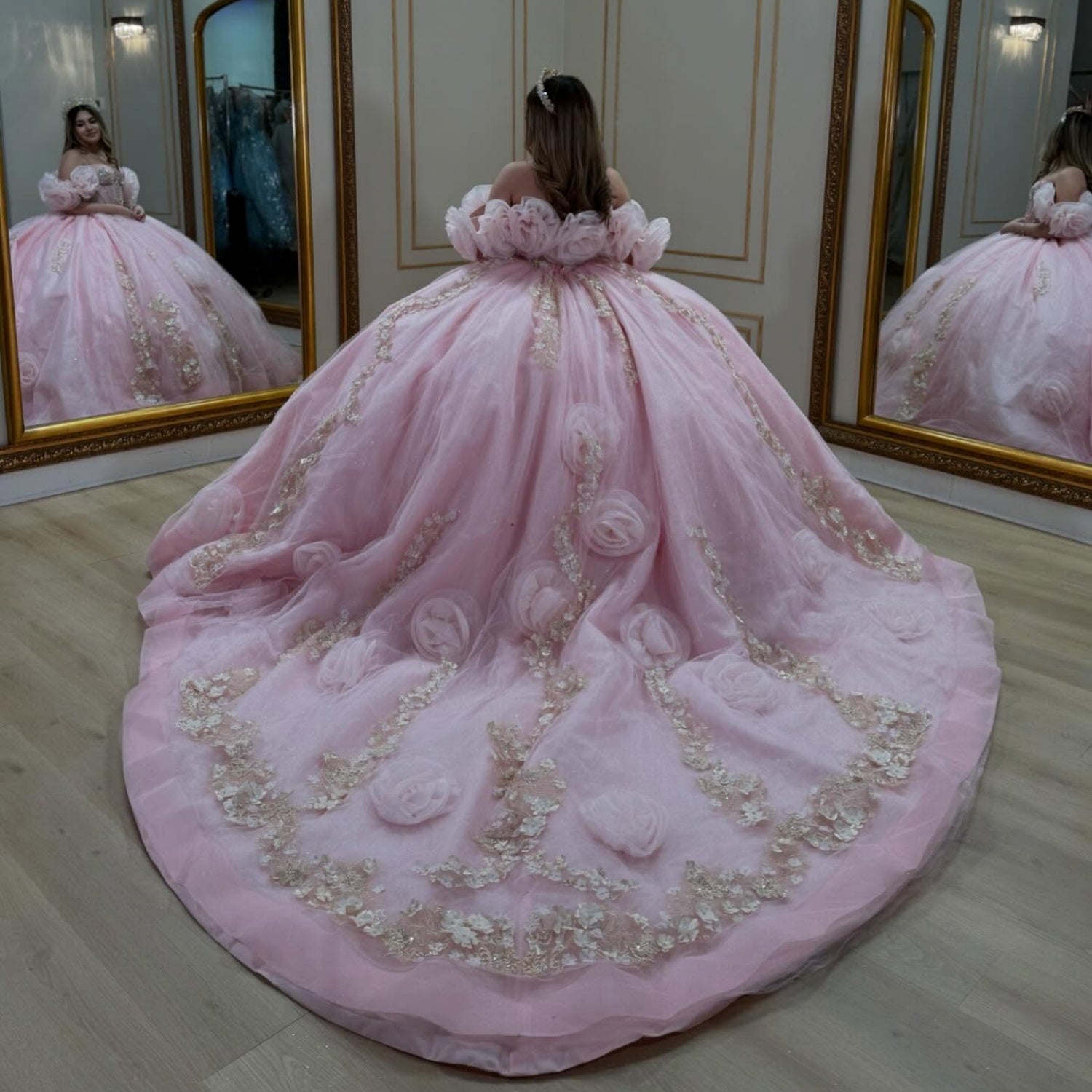 Off Shoulder Sleeveless Beaded 3D Flower Appliques Pink Quinceañera Dress YQ1087