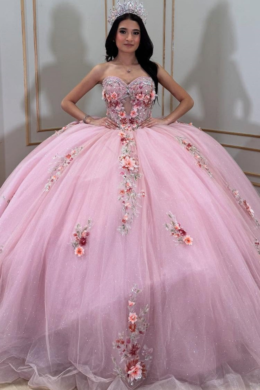Vestido de Quinceañera Azul Marino con Lentejuelas, Apliques de Cuentas, Brillos y Escote Bardot YQ1055